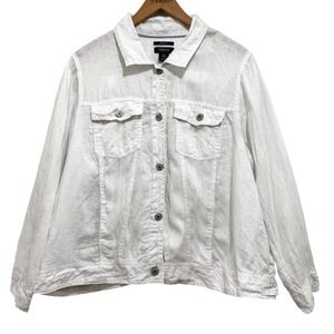 Jones & Co Jones New York White 100% Linen Button Front Trucker Jacket Womens 1X